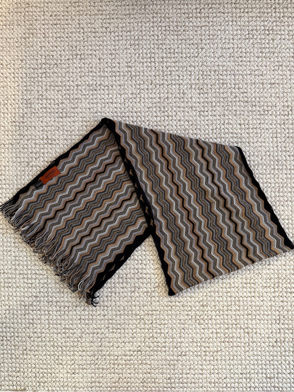 MISSONI Zig Zag Fringe Brown and Blue Scarf 100% Lana Wool Made in Italy Crochet